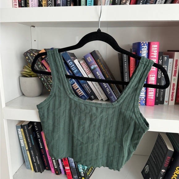 Aerie hunter green ribbed stretch square neck crop top cropped tank top bralette - Picture 1 of 5